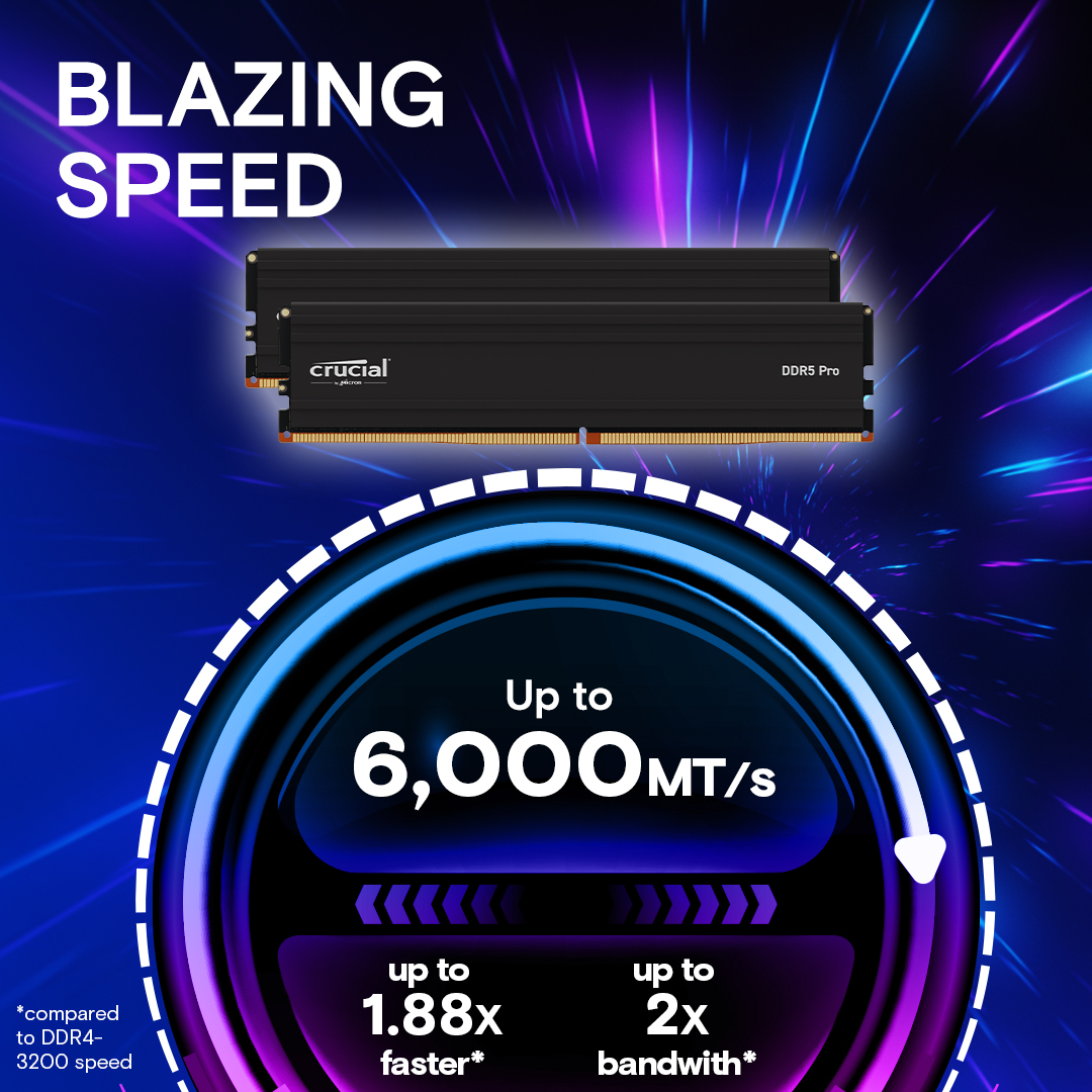 Crucial PRO KIT 6000MHz DDR5 CL48 UDIMM Desktop RAM Memory | 32GB (16GB x 2) & 48GB (24GB x 2) Options Crucial PRO KIT 6000MHz DDR5 CL48 UDIMM Desktop RAM Memory | 32GB (16GB x 2) & 48GB (24GB x 2) Options